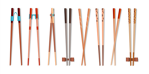 Food chopsticks. Realistic 3D bamboo sticks for Asian food, traditional Chinese and Japanese cutlery. Vector isolated wood colorful utensils set in traditions of east