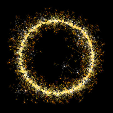 Bengal lights golden glittering sparks leters set. Vector shining golden figures of sparkles and stars on black background.