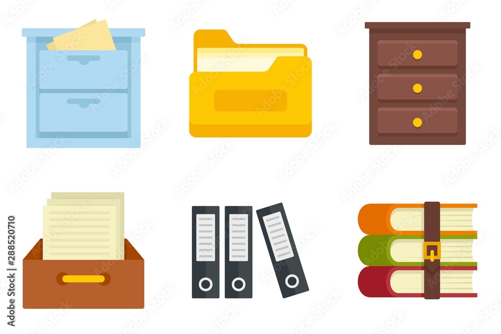 Poster archive icons set. flat set of archive vector icons for web design