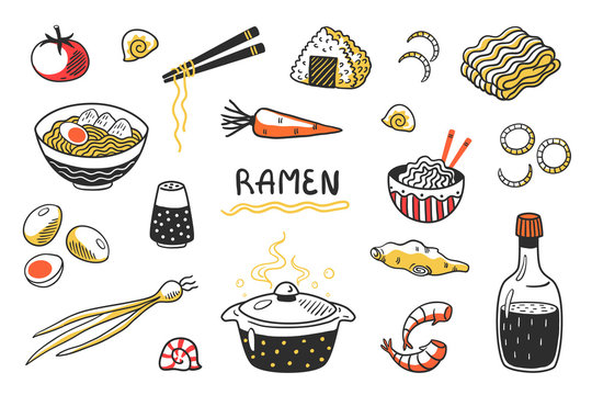 Doodle Ramen. Chinese hand drawn noodle soup with food sticks bowls and ingredients. Vector Asian food sketch set with egg noodles and other cooking products