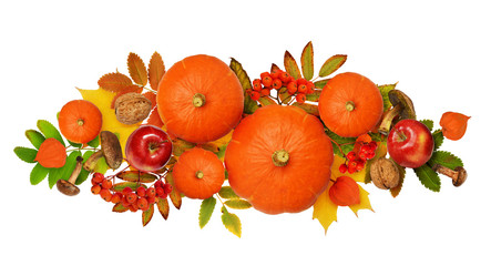 Autumn arrangement with pumpkin, rowanberries and colorful leaves - obrazy, fototapety, plakaty