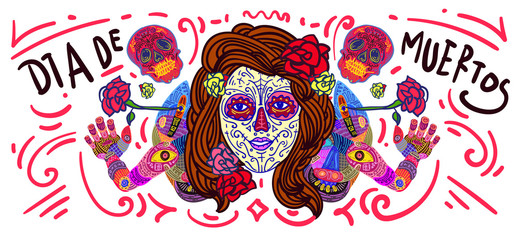 Fototapeta na wymiar Dia De Muertos Festival Banner Illustration. Doodle Illustration Day of The Dead Mexican Tradition and Religion Festival.