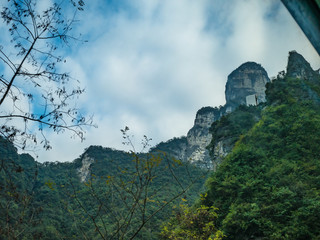 Beautiful view on the bus on tongtian road moving from tianmen mountain heaven gate cave on tianmen mountain national park at zhangjiajie city China.Tongtian Road the winding Road  99  curves road