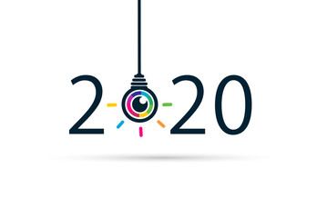happy new year 2020. 2020 with Colorful eye bulb sign. Vision and idea