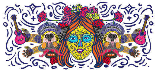 Obraz na płótnie Canvas Dia De Muertos Festival Banner Illustration. Doodle Illustration Day of The Dead Mexican Tradition and Religion Festival.