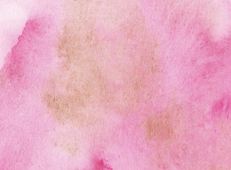 Hand drawn watercolor gold pink background. Watercolor wash.