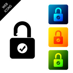 Open padlock icon isolated. Opened lock sign. Cyber security concept. Digital data protection. Safety safety. Set icons colorful square buttons. Vector Illustration