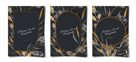 Set of black and golden floral watercolor cover template vector