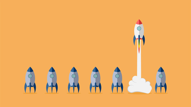 Startup project concept with rocket launch. Vector illustration.