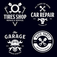 Set of vintage monochrome car repair service templates of emblems, labels, badges and logos. Service station auto parts tires shop mechanic on duty.