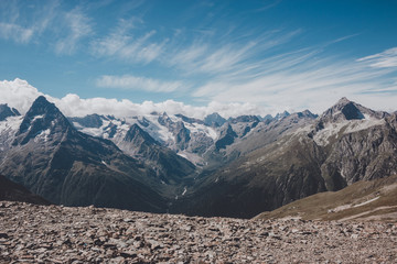 Panorama view of dramatic sky and mountains scene in national park Dombay