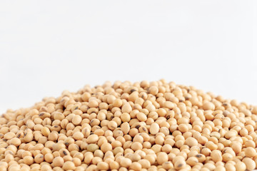 A lot of soybeans pile isolated on white background with copy space for text. Concept food for healthy. Soybean is a leguminous plant native to Asia, widely cultivated for its edible seeds.