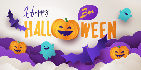 Happy Halloween greeting banner or party invitation with Holiday calligraphy, clouds, pumpkins, bats and cute ghosts on white violet background. Paper cut style. Template for advertising, sale