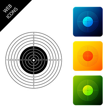 Target sport for shooting competition icon isolated. Clean target with numbers for shooting range or pistol shooting. Set icons colorful square buttons. Vector Illustration
