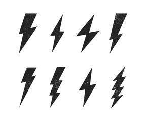 Set Lightning bolt with grunge texture. Thunderbolt, lightning strike. Modern flat style vector illustration - obrazy, fototapety, plakaty