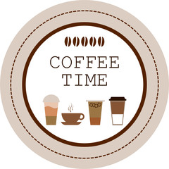Coffee time sign with different caffeine drinks. Round coffee shop logo or badge.  Stamp, symbol, emblem for coffee time. Cafe logotype. Coffee to go, espresso. Vector illustration,flat style,clip art