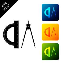 Protractor and drawing compass icon isolated. Drawing professional instrument. Geometric equipment. Education sign. Set icons colorful square buttons. Vector Illustration