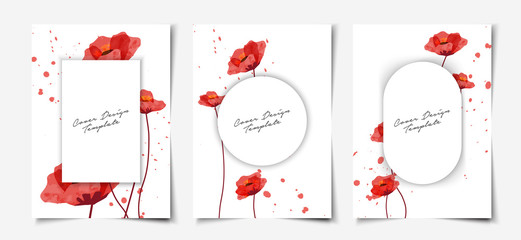 Set of minimal white cover template layout with red poppy flower watercolor background