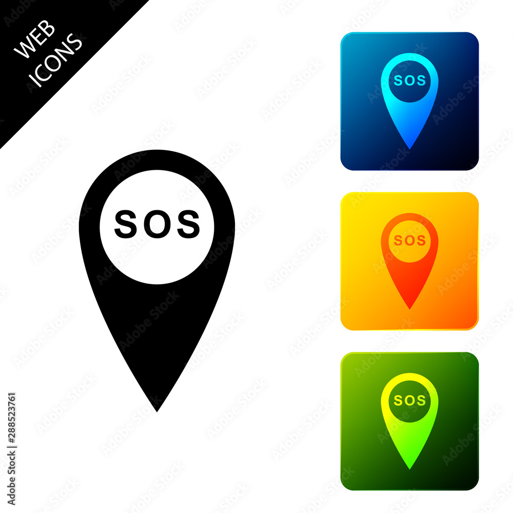 Poster marker location with sos icon isolated. sos call location marker. map pointer sign. sos pinpoint sig