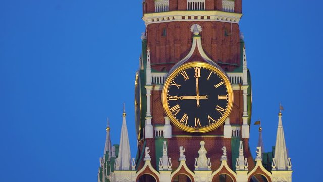 Spassky Tower with clock face in Moscow, Russia in 4k
