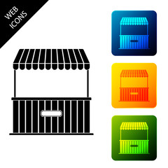 Street stall with awning and wooden rack icon isolated. Kiosk with wooden rack. Set icons colorful square buttons. Vector Illustration