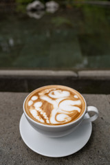 Close up shot of a mug of hot Latte with unique decoration and outdoor lake in the background