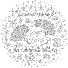 Unicorn magical animal. Black, white. Coloring book