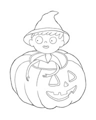 coloring page with cartoon little boy in pumpkin, halloween illustration