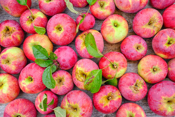 Fresh red apples with green leaves on a wooden old table.
