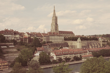 Fototapeta na wymiar Panoramic view on Bern Minster and historic old town of Bern