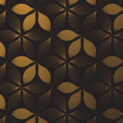 Fototapeta na wymiar Linear flower vector pattern, repeating abstract golden flower on dark background, pattern is clean for fabric, wallpaper, printing. Pattern is on swatches panel.