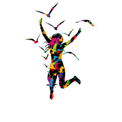 Abstract colorful illustration of a woman jumping and birds flying