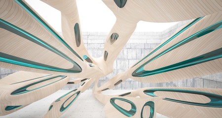 Empty abstract concrete, glass and wood smooth interior. Architectural background. 3D illustration and rendering