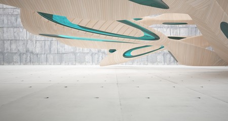 Empty abstract concrete, glass and wood smooth interior. Architectural background. 3D illustration and rendering