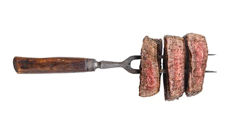 Fototapete Rund Fork with three beef slices isolated on white © Yingko
