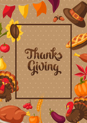 Happy Thanksgiving Day greeting card with objects.