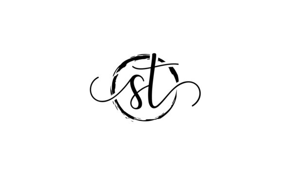 ST Initial handwriting logo vector, ST Initial handwriting logo design with a circle. Zen Circle Brush, handwritten logo for fashion, team, wedding, luxury logo. ST initial  logo 