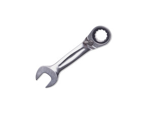 Chromed metal ratchet wrench, tool for fixing nuts and bolts. White background isolate view from the top.