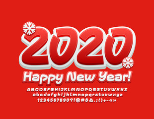 Vector modern Greeting Card Happy New Year 2020 for Children. Artistic set of contemporary Alphabet Letters, Symbols and Numbers. Bright White and Red Font.