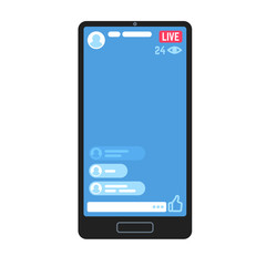 Live video stream on phone. Living videos streams, online stories chat on smartphone screen information apps. Vector mockup