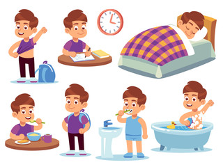 Boy daily activities. Little kid sleeps in a bed, wake up and takes bath, does homework and eats in school. Routine active vector cartoon set