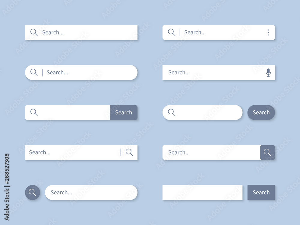 Poster search bar. searching internet field, website bars with shadows and empty online search engine box w