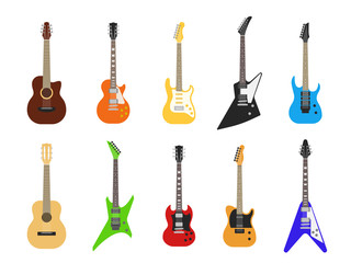 Flat guitars. Acoustic and electric guitar musical instruments. Vector isolated set