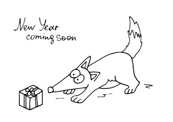 Fox and gift surprise. Relaxation New Year vector illustration