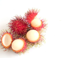 Sweet red rambutan fruit, peeled, isolated on a white background