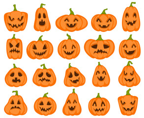 Halloween pumpkins. Orange pumpkin with jack lantern characters. Spooky and angry carved faces for autumn holiday greeting card vector set