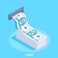 isometric vector image on a blue background, a banknote crawling out of a cash machine onto a high stack of money, cash withdrawal