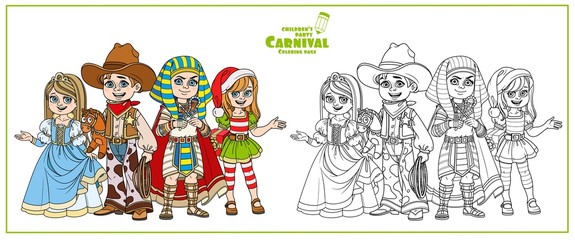 Children in carnival costumes of the pharaoh, princess, cowboy and new year elf Santa Claus color and outlined for coloring page