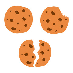 Cookie whole, bitten, broken in cartoon style. Delicious homemade breakfast. Sweet traditional bake. Pastry bakery. Vector illustration isolated