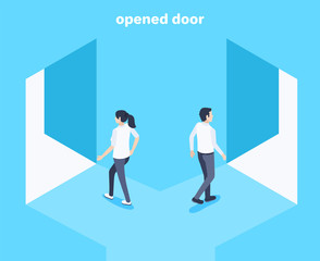 isometric vector image on a blue background, a man and a woman go to the open door each in its own way, open opportunities